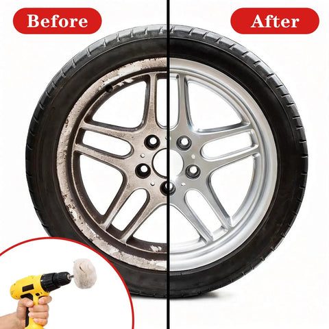 Before and after using 10 Piece Drill Polishing Kit With Buffing Wheels And Pads, rim cleaned with mushroom pad and compounds.