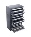 Three Drawer Drill Bit Dispenser Cabinet Set With 29 27 And 60 Compartments For One Sixteenth To One Half Inch And A To Z Bits Garage Ready Heavy Duty Workshop Organizer For Quick Access And Easy Sorting 3 Piece Drill Bit Storage Kit open drawers