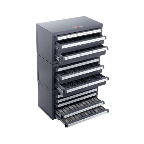 Three Drawer Drill Bit Dispenser Cabinet Set With 29 27 And 60 Compartments For One Sixteenth To One Half Inch And A To Z Bits Garage Ready Heavy Duty Workshop Organizer For Quick Access And Easy Sorting 3 Piece Drill Bit Storage Kit open drawers