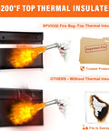 Comparison of Grab And Go Fireproof Document Bag 5200F With Heat Insulation and non-insulated bag with flames, showing document safety.