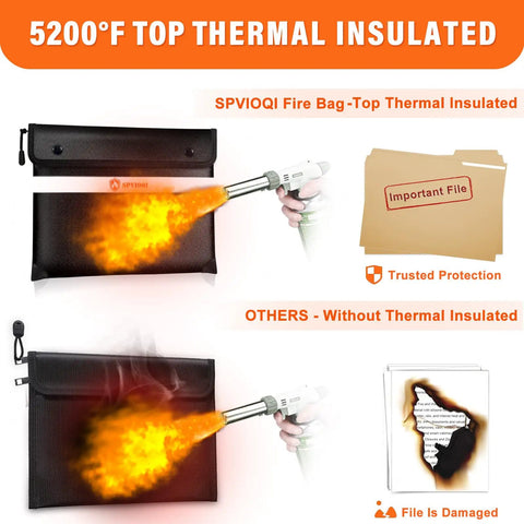Comparison of Grab And Go Fireproof Document Bag 5200F With Heat Insulation and non-insulated bag with flames, showing document safety.