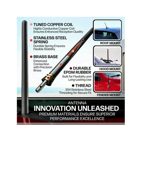 Black Short Rubber Six And Three Quarters Inch Universal Antenna Kit showing copper coil, stainless steel thread, and car mounts.