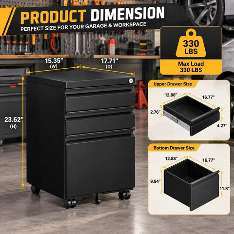 Rock Solid Heavy Duty Metal Rolling Tool Cabinet With Lockable Drawers And Non Slip Rolling Wheels dimensions and capacity, perfect for garage organizing.
