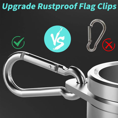 Top Notch 1.5 Inch Flag Pole Rings With Anti Wrap Swivel Clips And 360 Degree Rotating Aluminum Alloy Mounting Hardware For Rad Tangle Free Flag Flying With Rust Resistant Carabiners Two Pack showing upgrade rustproof flag clips.