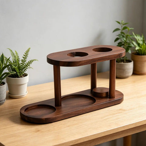 Premium Solid Wood Pour Over Coffee Station With Elevated Dripper Stand on a wooden table surrounded by plants.