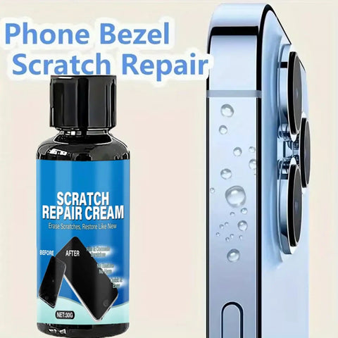 Phone Screen Scratch Repair Kit With Metal Frame Fix For Quick Pro Grade Long Lasting Solution Portable Resin Abrasive Compound External Body Polish And Protector Cream For Cellphones And Gadgets, bottle and phone bezel close-up
