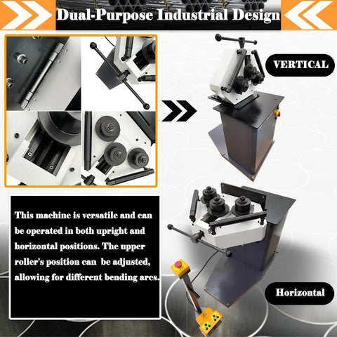 Heavy Duty Electric Roll Bender 1.1KW Three Roller Metal Bending Machine with vertical and horizontal setup features.