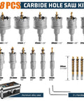 Heavy Duty Tungsten Carbide Hole Saw Kit 18 Piece Set for metal with various sizes from 9/16 inch to 2 1/8 inch and aluminum case.