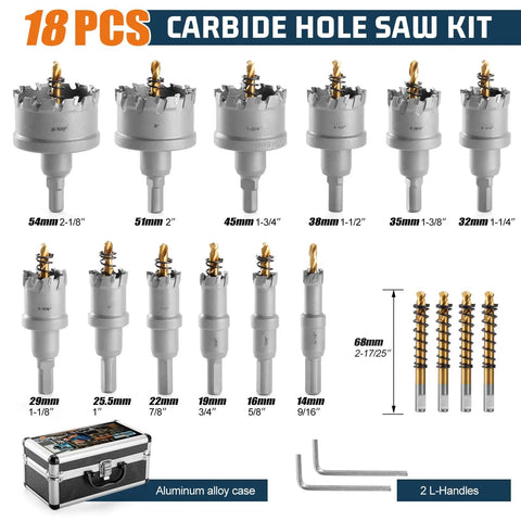 Heavy Duty Tungsten Carbide Hole Saw Kit 18 Piece Set for metal with various sizes from 9/16 inch to 2 1/8 inch and aluminum case.
