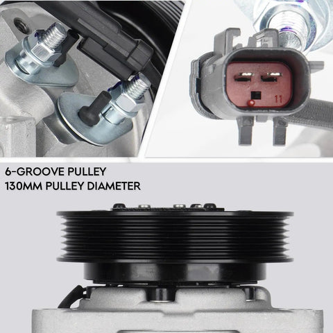 Heavy Duty Plug And Play AC Compressor With Clutch For Chrysler Town And Country Dodge Caravan Grand Caravan 3.3L 3.8L 2001 To 2007 showing 6-groove pulley and connector details.