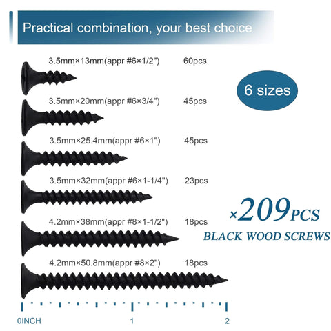 Six Size Black Wood Screws Kit With 209 Pieces For Wood And Drywall Projects, Phillips Drive Flat Head, High Hardness 1022A Carbon Steel