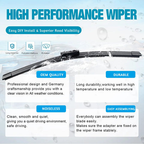 Top Shelf Windshield Wiper Blades For Land Rover Range Rover Sport 2017 Through 2023 All Weather Steel Frame Front And Rear Set 24 20 15 Inch wiper blade close-up on water background.