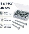Washer Head Screws Number Eight One And One Half Inch Forty Piece Set with storage box for woodworking and repairs.