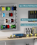 Heavy-Duty Wire Spool Rack Wall Mount with four adjustable 5/8 inch rods, cold-rolled steel holding various colored spools