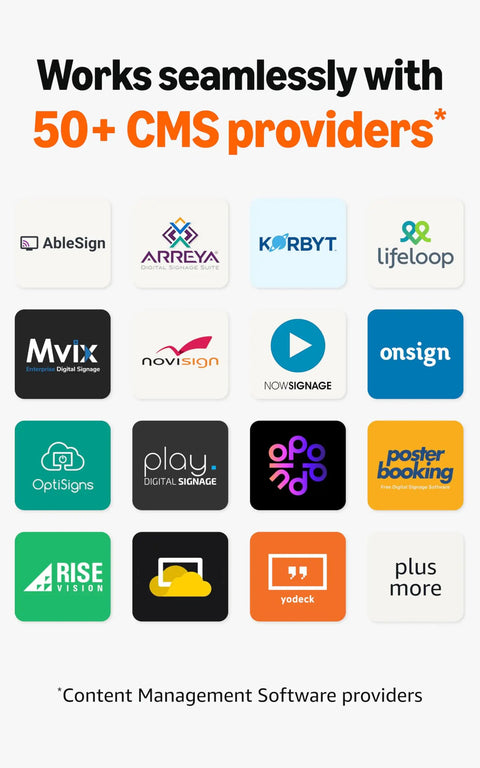 4K Digital Signage Stick For Businesses With No Tech Skills Needed, compatible with 50+ CMS providers logos shown.