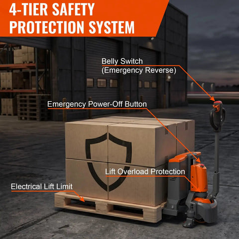 Heavy Duty Electric Pallet Jack Truck With 3300 Lb Capacity And Lithium Ion Battery For Easy Warehouse Material Handling showing 4-tier safety protection system.
