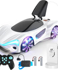 SIMREX gesture-sensing RC car, white with LED headlights and purple-lit wheels; includes remote, charger, batteries.