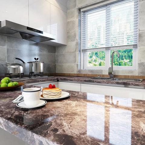 Kitchen with Dark Emperador Marble Self Adhesive Contact Paper 24x160 Inch Peel And Stick Countertop Wallpaper, reflective surface.