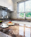 Kitchen countertop with Dark Emperador Marble Peel And Stick Contact Paper, 36 by 160 inch, waterproof, self-adhesive vinyl wallpaper.