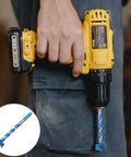 BEBEMOKO blue wood drill bit, 25x125mm with extended thread, installed in a yellow cordless drill