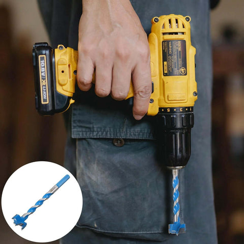 BEBEMOKO blue wood drill bit, 25x125mm with extended thread, installed in a yellow cordless drill