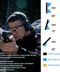 Person aiming pistol, wearing protective gear; AR500 Steel Gong Targets set safety instructions and bullet angle diagram visible.