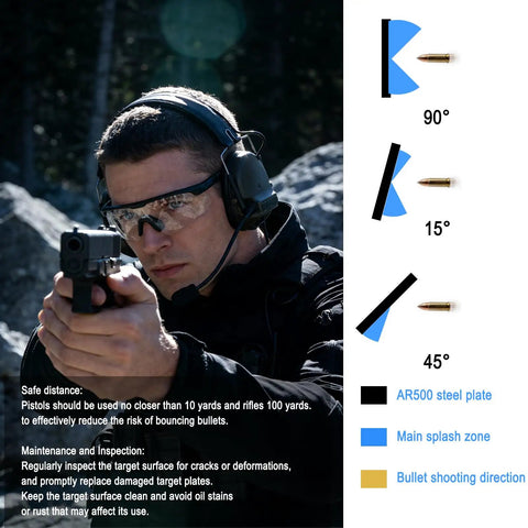 Person aiming pistol, wearing protective gear; AR500 Steel Gong Targets set safety instructions and bullet angle diagram visible.