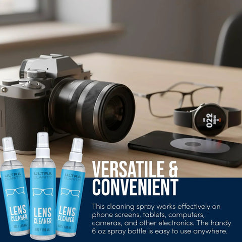 Front view of 3-pack 6 oz eyeglass lens cleaner spray bottles on desk beside camera and smartwatch.