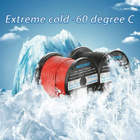 12 Gauge Silicone Wire Spool Red And Black 100ft Flexible 12 AWG Stranded Tinned Copper Wire For Electronics RC DIY Projects Pro Grade Ultra Flexible Low Impedance High Strand Count against icy backdrop