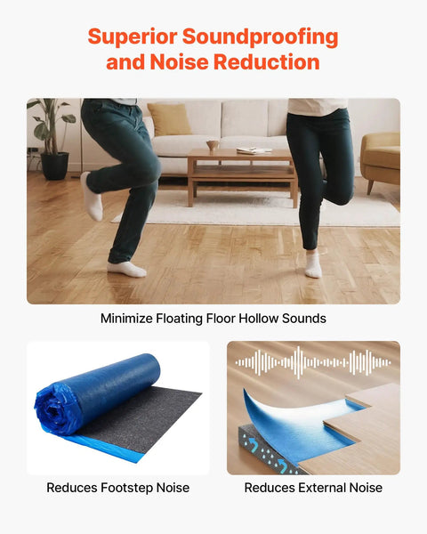 Heavy Duty Floor Underlayment Covers Four Hundred Square Feet featuring integrated vapor barrier and acoustic core in action.
