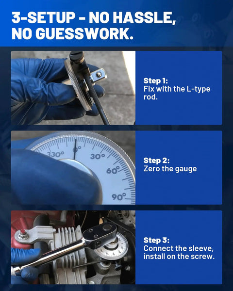 Half Inch Torque Wrench With Angle Gauge And Rotary Zero Return, Adjustable Arm With Dual Length For Cars, Trucks And Heavy Machinery, Precision Torque To Angle Measurement For Tightening Cylinder Heads And Fasteners. Steps for setup