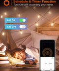 Child sleeping under Smart Outdoor 25 Ft String Lights With App And Remote Control Music Sync Vibe Dimmable Edison Shatterproof Bulbs