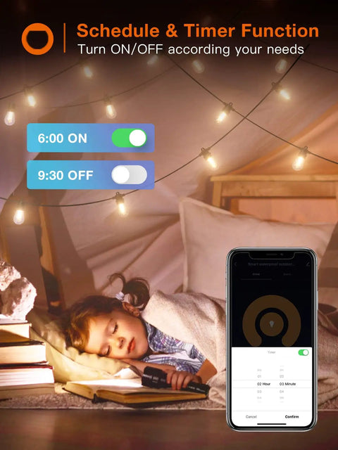 Child sleeping under Smart Outdoor 25 Ft String Lights With App And Remote Control Music Sync Vibe Dimmable Edison Shatterproof Bulbs
