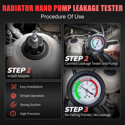 Steps showing usage of Radiator Coolant Pressure Tester Kit With Vacuum Refill Tool And 28 Piece Adapters For Cars And Trucks