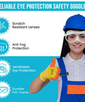 Woman wearing ventilated anti fog safety goggles with scratch resistant coating and durable PVC frame for heavy duty work sites