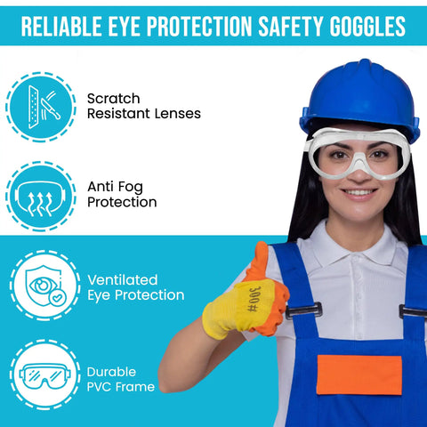 Woman wearing ventilated anti fog safety goggles with scratch resistant coating and durable PVC frame for heavy duty work sites