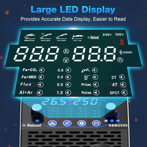 Large LED display of versatile 8-in-1 multiprocess welder with dual aluminum welding modes and 120V/240V compatibility