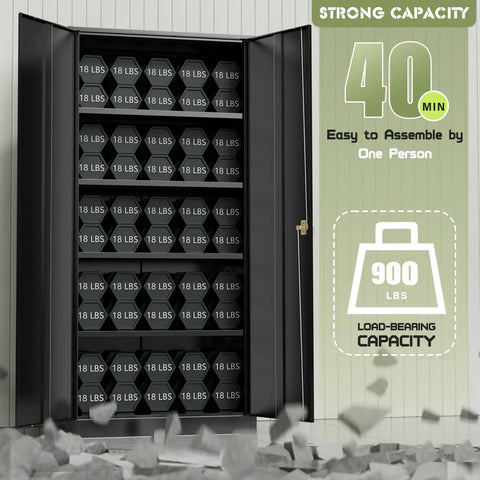Heavy Duty 72 Inch Metal Storage Cabinet With 4 Adjustable Shelves And 2 Doors For Garage Workshop Office Or Home Black Durable Steel Tool Organizer With weight capacity indicators showing 900 lbs and 18 lbs weights on shelves, illustrating storage capacity and easy assembly instructions.