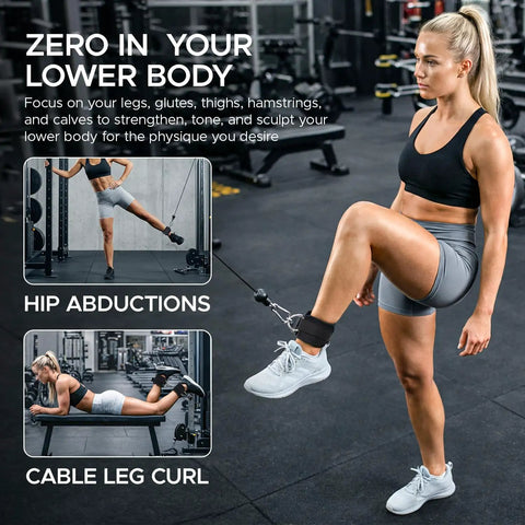 Pro Level Ankle Strap For Cable Machine With Thick Breathable Padding Tailored For Beast Mode Leg Day Booty Work And Hamstring Curls Black in use during hip abductions and leg curls.