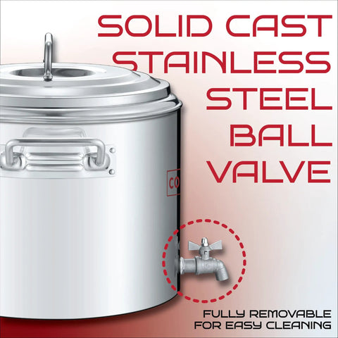 Heavy Duty Stainless Steel Insulated Double Wall Stock Pot Keeps Grub Bangin Hot Or Bone Chill Long For Catering Duties And Backyard Boils With A Massive Forty Quarts showcasing solid cast stainless steel ball valve for easy cleaning.