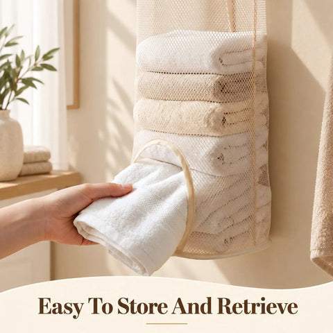 Round Hanging Mesh Sock Storage Bag With Nylon Pockets For Closet Door Organization And Dorm Room Essentials Quick Access Laundry Solution To Keep Your Socks Legit Neat And Pretty Dang Slick with stacked towels
