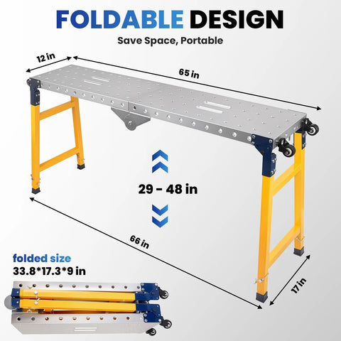 Rock Solid 1250 Lb Heavy Duty Workbench Featuring 5 Speed Adjustable Height From 29 To 48 Inches with foldable design and dimensions.