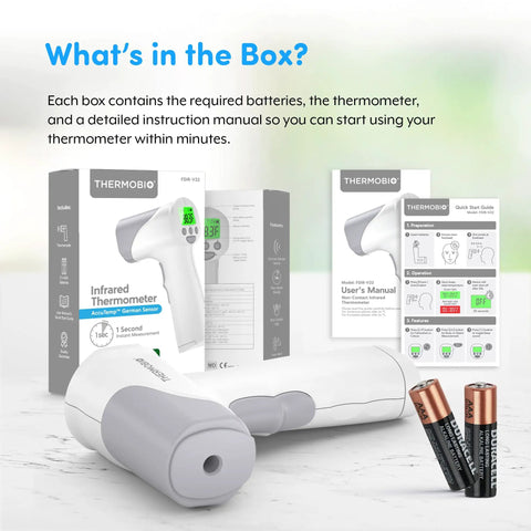 Heavy Duty Touchless Infrared Forehead Thermometer For Adults And Babies Medical Grade FSA HSA Eligible No Contact Digital Thermometer Gun With 1 Second Dead On Instant Read Hygienic Quick Temp Scan For Home And Clinic, box contents