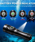DL02 Scuba Dive Light Beast Mode Power 3000 Lumens display with battery indicator and underwater diver backdrop.