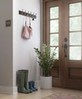 Wall Mounted Coat Rack With Six Decorative Hooks 27 Inch Length Soft Iron Cocoa Finish holding bags in entryway