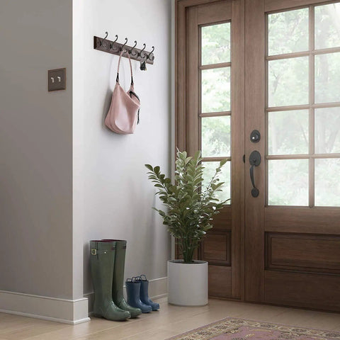 Wall Mounted Coat Rack With Six Decorative Hooks 27 Inch Length Soft Iron Cocoa Finish holding bags in entryway