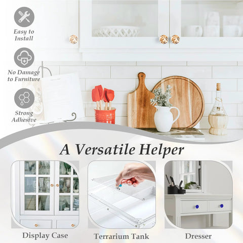Crystal Adhesive Cabinet Knobs Four Pack Amber K9 Crystal Pulls on kitchen cabinets, dresser, terrarium, and display case.