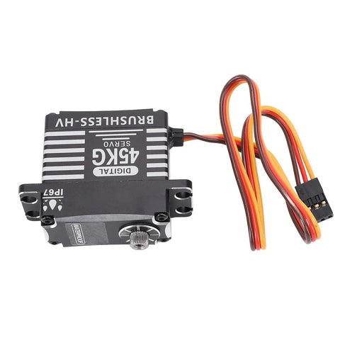Heavy Duty 180 Degree Brushless Servo Delivering Beast Mode 45kg Coreless Motor Power And Full Steel Gears Built Tough For Heavy Duty RC Cars Ready To Crush Gnarly Tracks Smoothly in black with wires.