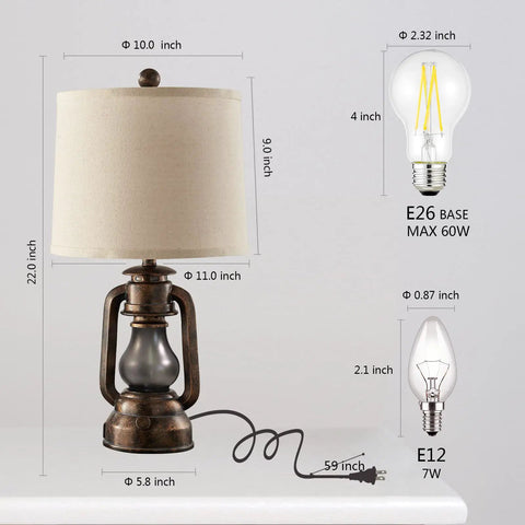 Rustic Farmhouse Lantern Table Lamps Set of 2 With USB Ports, Vintage Resin Bedroom and Living Room Lamps dimensions