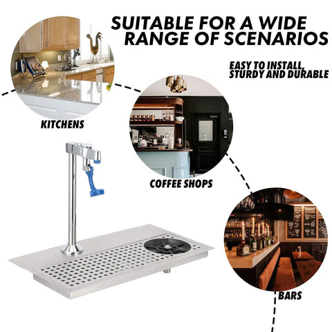 Recessed Countertop Pitcher Rinser Built From Heavy Duty 304 Stainless Steel With A High Pressure Multi Angle Spray Head And Integrated Drain Pan for kitchens, coffee shops, and bars.